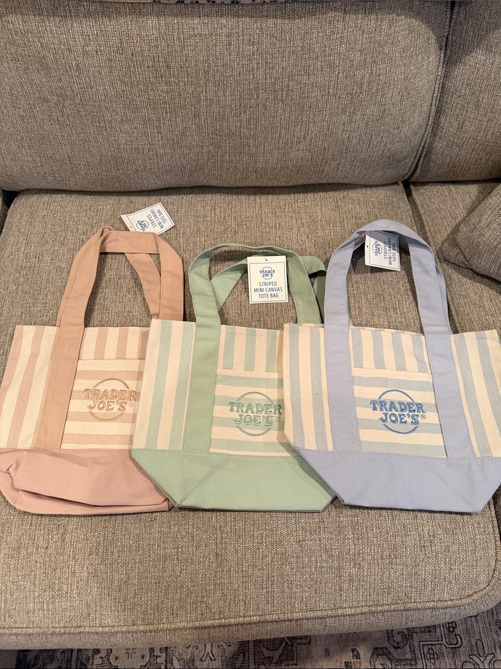 Trader Joe’s Summer Striped Mini Canvas Tote Bags- set of 3- blue green & tan - Picture 6 of 6